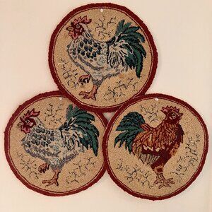 1930's Hand Hooked Rooster Chair/Stool Pads Set of 3